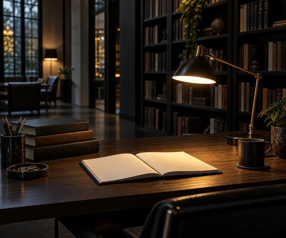 Mesa de leitura com caderno e livros de referência sem inscrições.