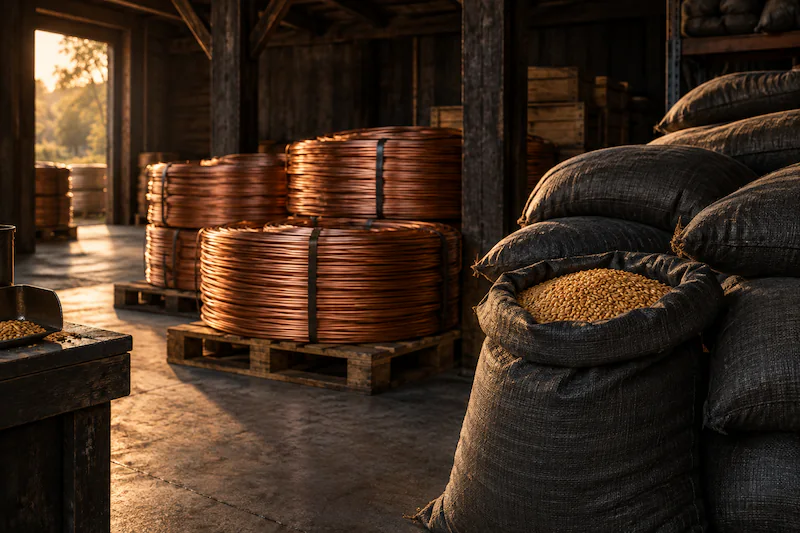 Cobre y grano en un almacén conceptual, que representan referencias de materias primas distintas.