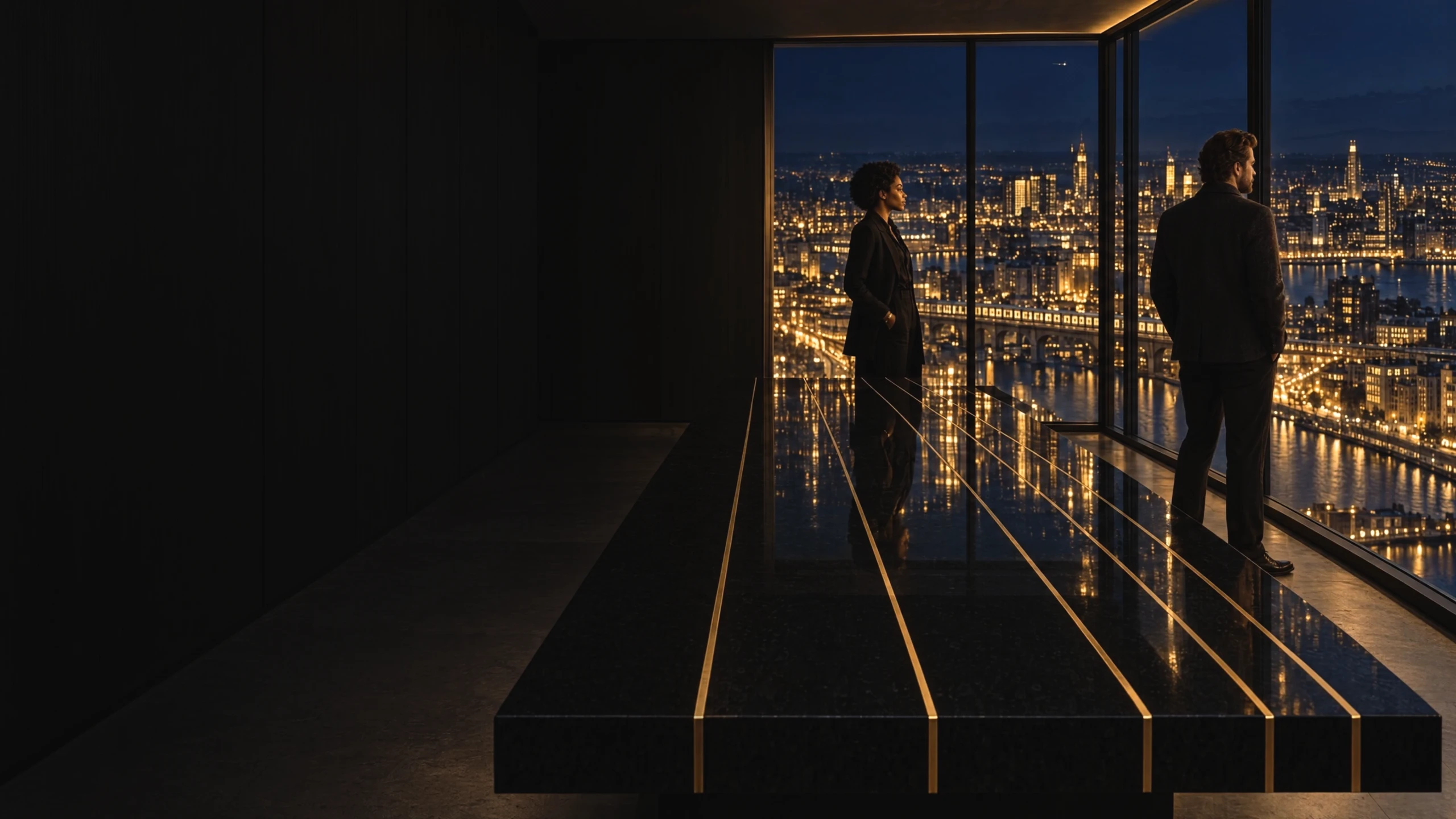 Duas pessoas numa galeria escura à noite observam a cidade iluminada; na mesa de pedra preta, cinco linhas de latão refletem as luzes em movimento.