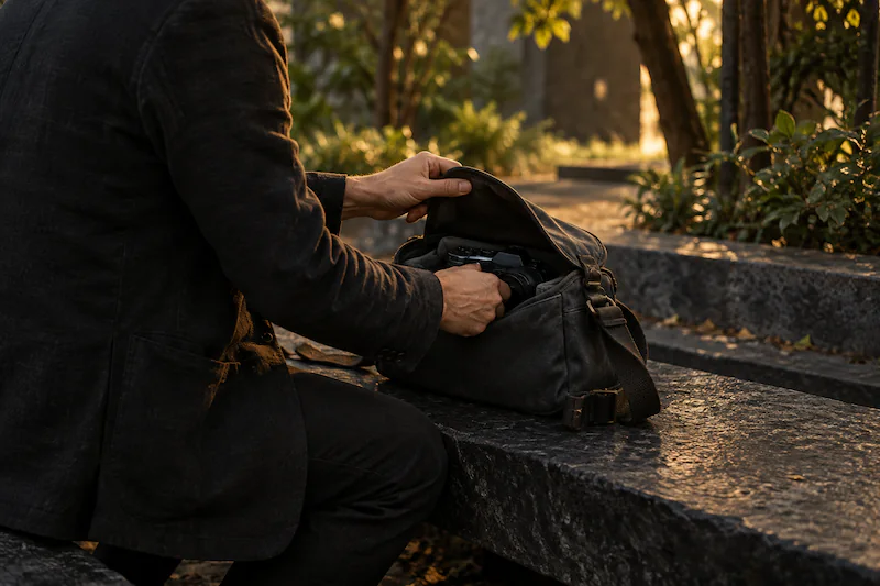 Una persona prepara una bolsa de observación en un banco de piedra, como metáfora de la primera consulta.