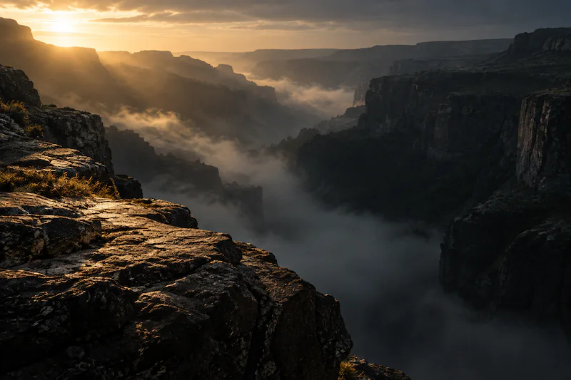 Un tramo de desfiladero visible entre sombras y niebla, que representa los límites de la observación.