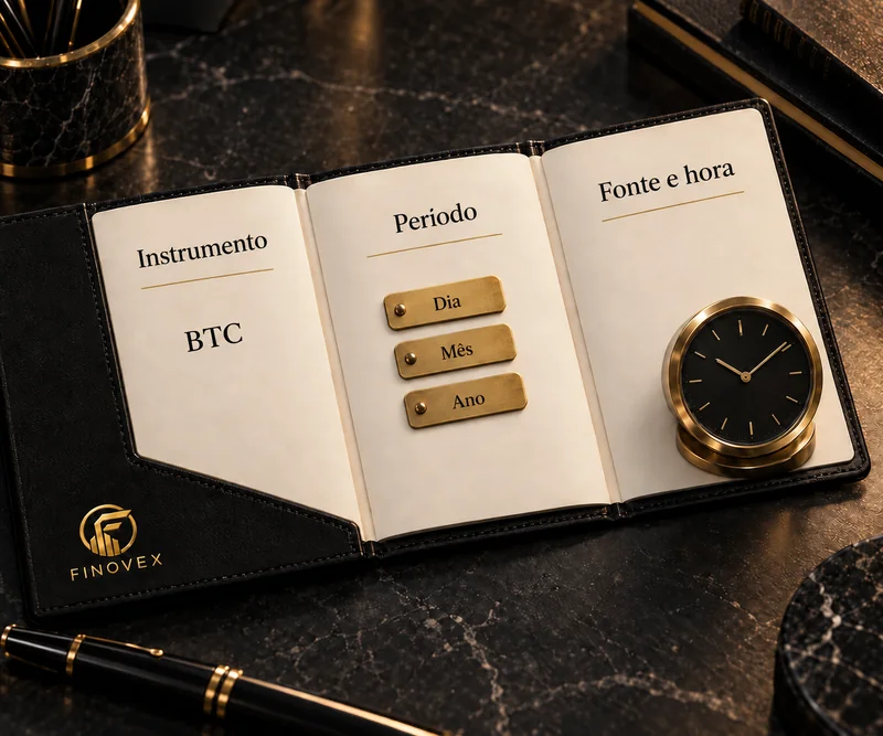 Caderno com instrumento, período e origem da observação, acompanhado por um relógio.