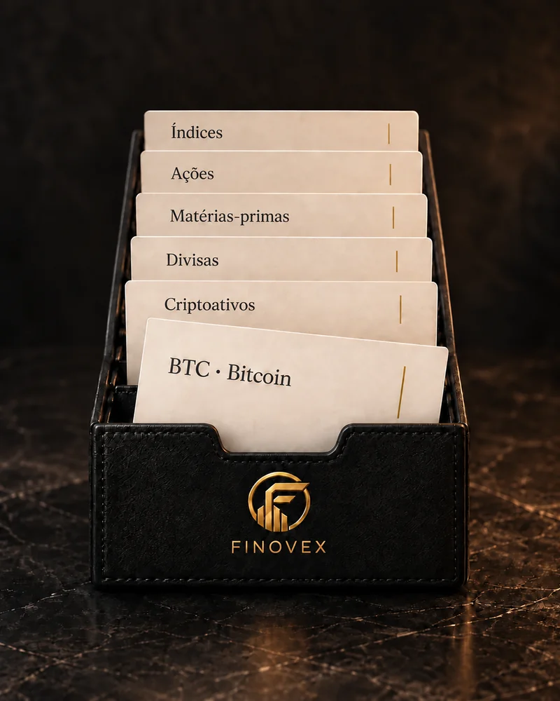 Caixa de couro preta com o logotipo FINOVEX e fichas de papel com as divisórias “Índices”, “Ações”, “Matérias-primas”, “Divisas” e “Criptoativos”; à frente, a ficha “BTC · Bitcoin”.