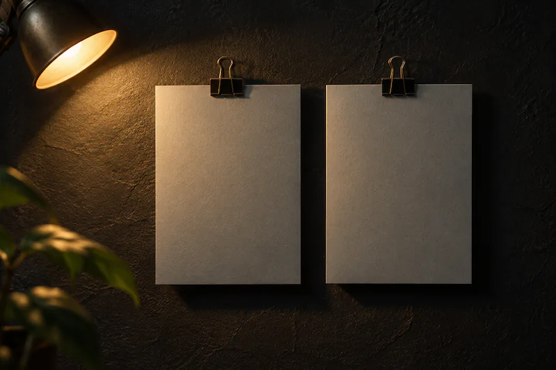 Dos tarjetas neutras bajo la misma luz, que representan condiciones comunes de comparación.