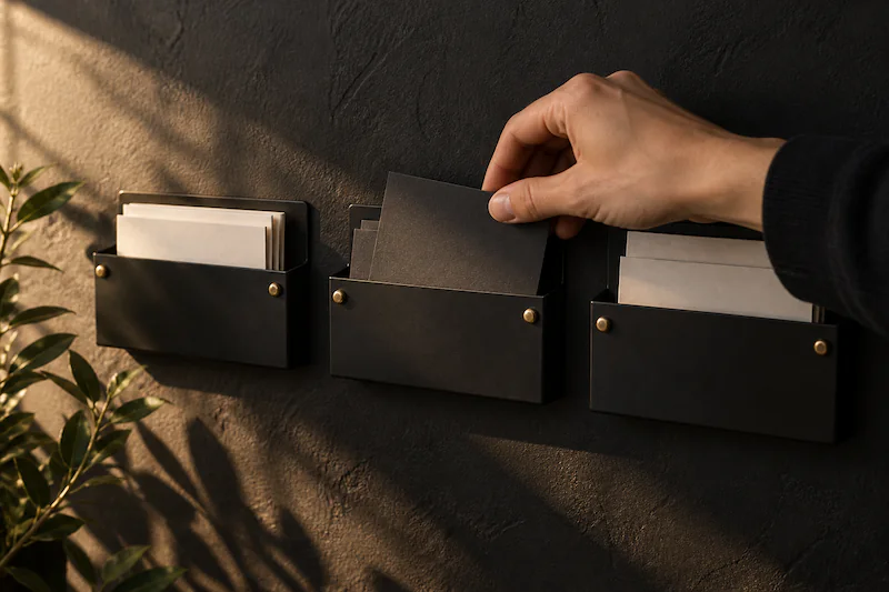 Una mano que organiza tarjetas de referencia en compartimentos de pared.
